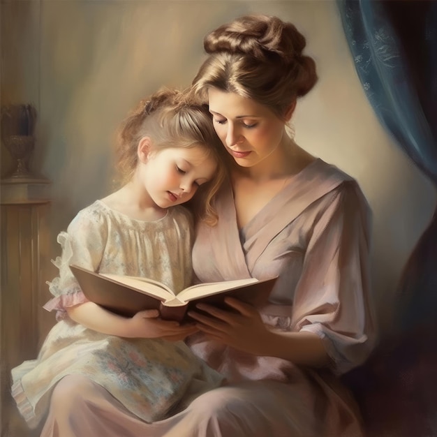 Una pintura de una madre y su hija leyendo un libro.