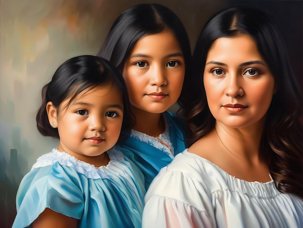 Una pintura de una madre con sus dos hijas.