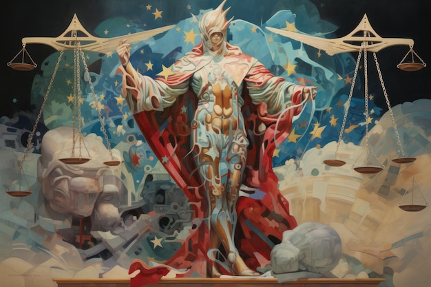 Una pintura magnífica que captura la estatua de la Dama de la Justicia que simboliza los principios de justicia, equidad y neutralidad. Buscando justicia generada por IA.