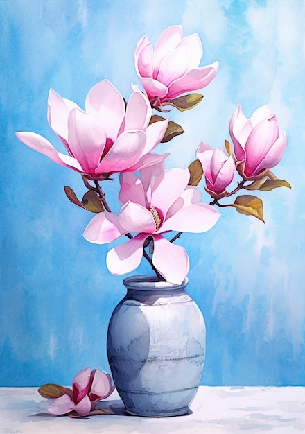 Una pintura de una magnolia rosa en un jarrón.