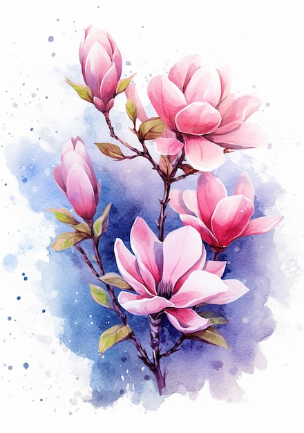 Una pintura de un magnolio con flores rosas.