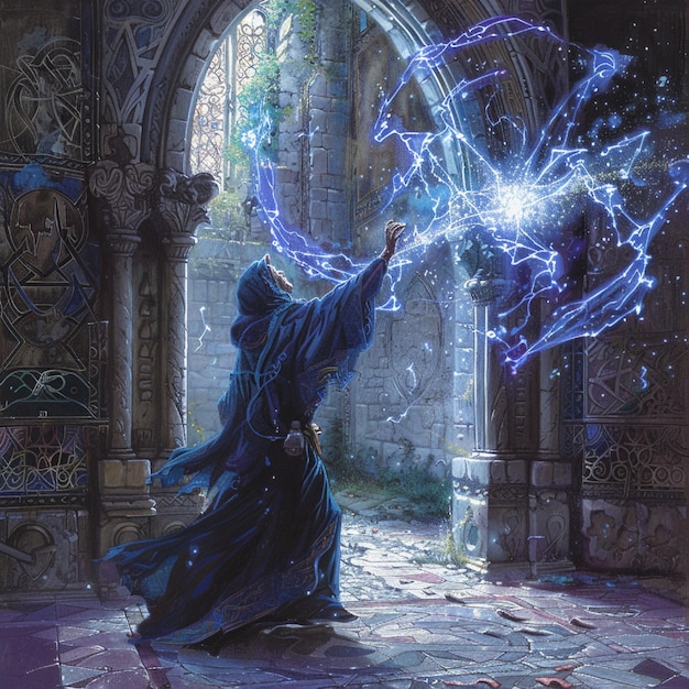 una pintura de un mago con una estrella azul en el medio