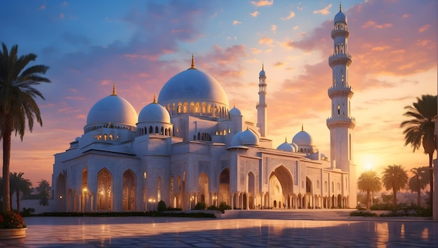 Pintura majestuosa de una gran mezquita al atardecer que muestra detalles arquitectónicos intrincados