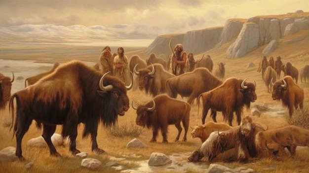 Una pintura de una manada de bisontes en un campo.