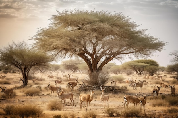 Una pintura de una manada de gacelas en la sabana africana.