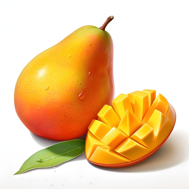 Una pintura de un mango y una rodaja de mango.