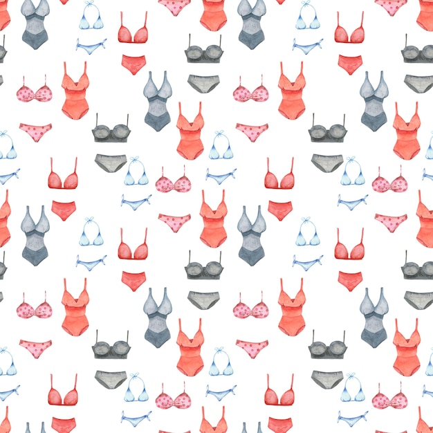 Pintura de la mano acuarela de patrones sin fisuras de trajes de baño. Traje de baño textura dibujada a mano aislada en blanco