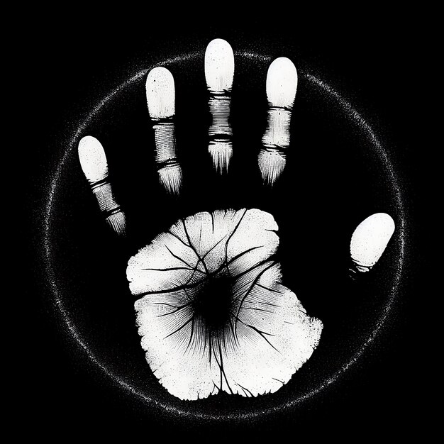 Foto pintura de una mano blanca rodeada por un círculo sobre un fondo negro