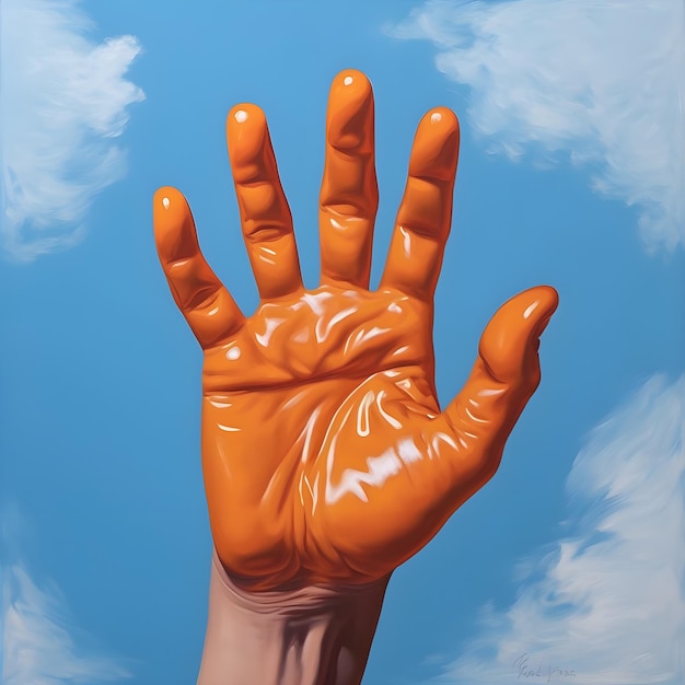 Una pintura de una mano con pintura naranja