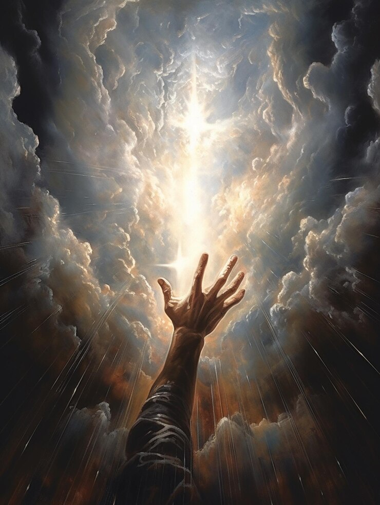 Foto pintura de una mano que se extiende hacia una luz brillante generativa ai