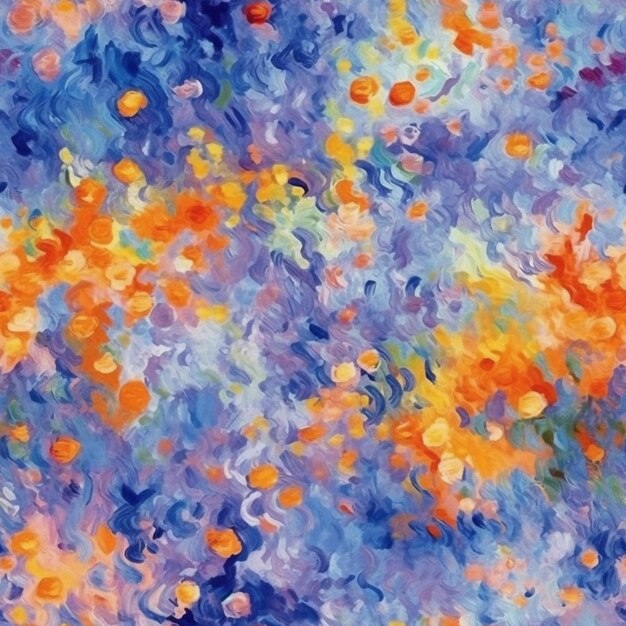 una pintura de un manojo de naranjas y flores azules ai generativo
