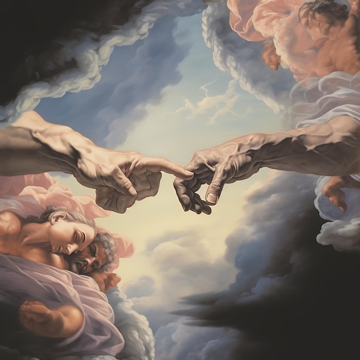 Foto pintura de manos que alcanzan un corazón en el cielo