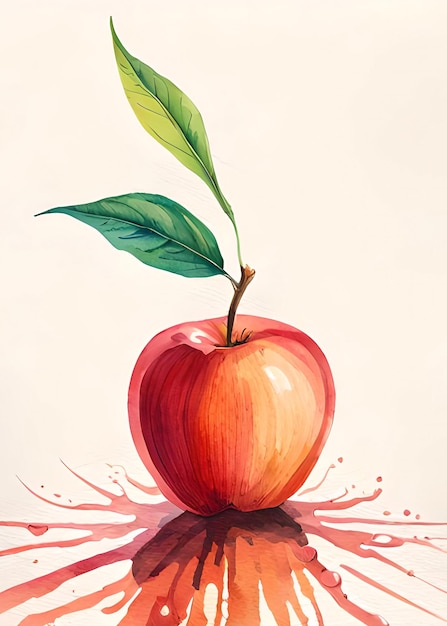 Una pintura de una manzana con hojas verdes.