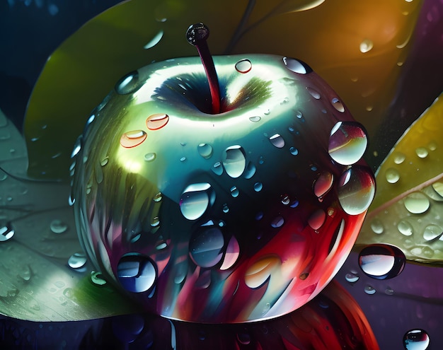 Una pintura de una manzana roja con gotas de agua sobre ella