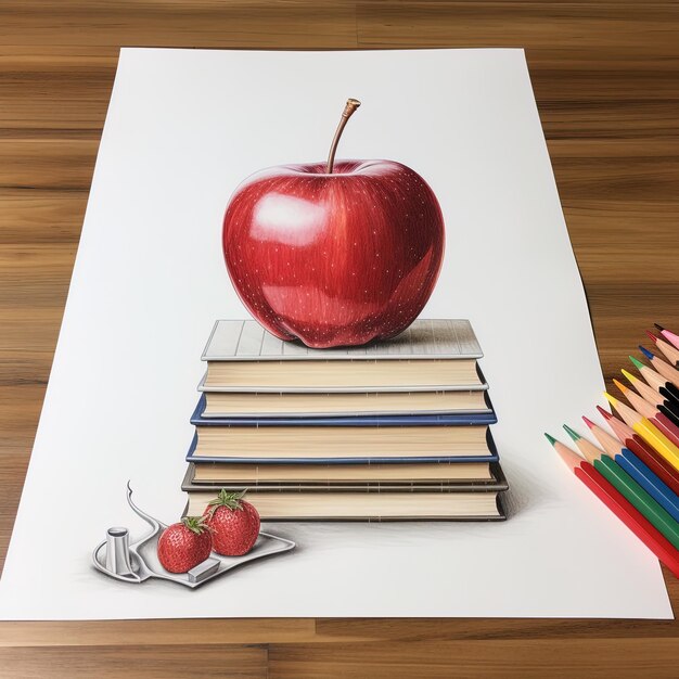 una pintura de manzanas y lápices con lápices en una mesa de madera