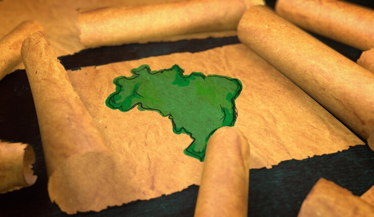 Foto pintura de mapa de brasil desplegando papel antiguo 3d