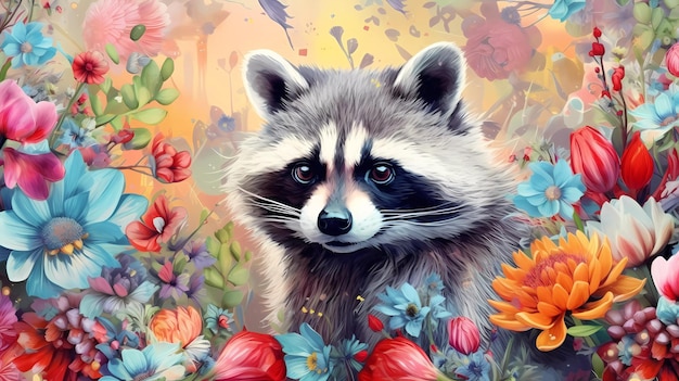 Una pintura de un mapache con flores y hojas.