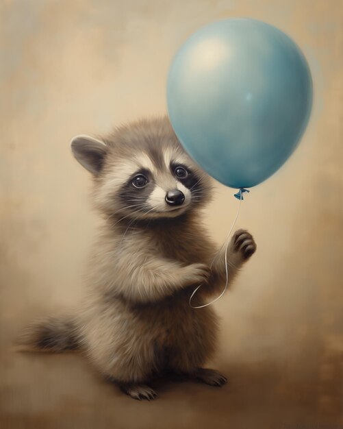 pintura de un mapache sosteniendo un globo azul en sus patas