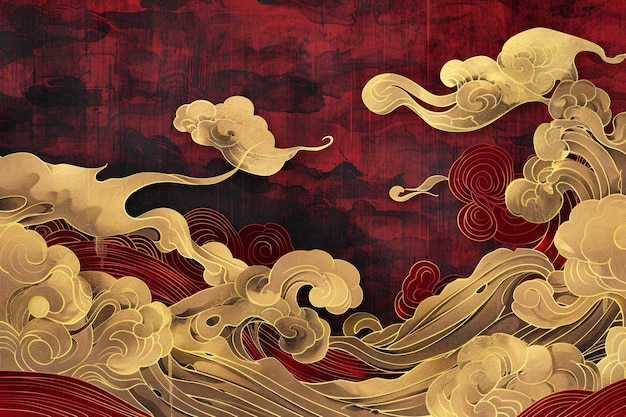 una pintura de un mar de nubes y un fondo rojo Abstracto lujo chinoiserie fondo rojo y dorado