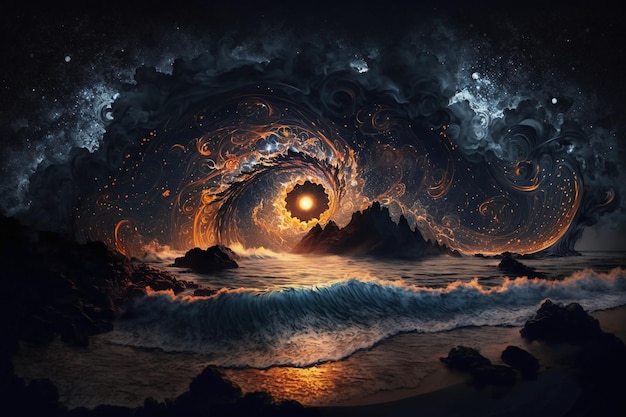 Una pintura de un mar con un ojo de fuego y el sol brillando a través de las nubes.