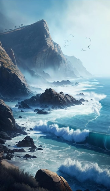 Una pintura de un mar con olas rompiendo contra él.