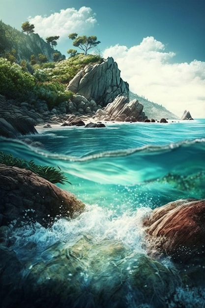 Una pintura de un mar con olas rompiendo en las rocas.