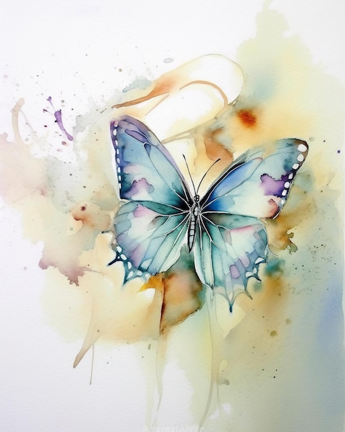 Pintura de una mariposa con un ala azul y alas púrpuras generativa ai