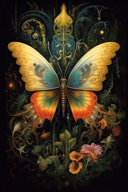 Pintura de una mariposa con alas de colores y flores generativas ai.