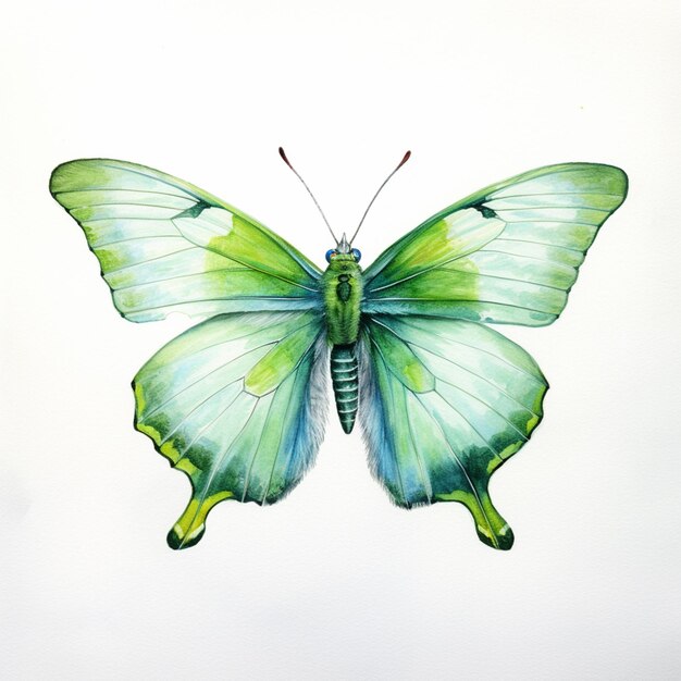 Pintura de una mariposa con alas verdes sobre un fondo blanco