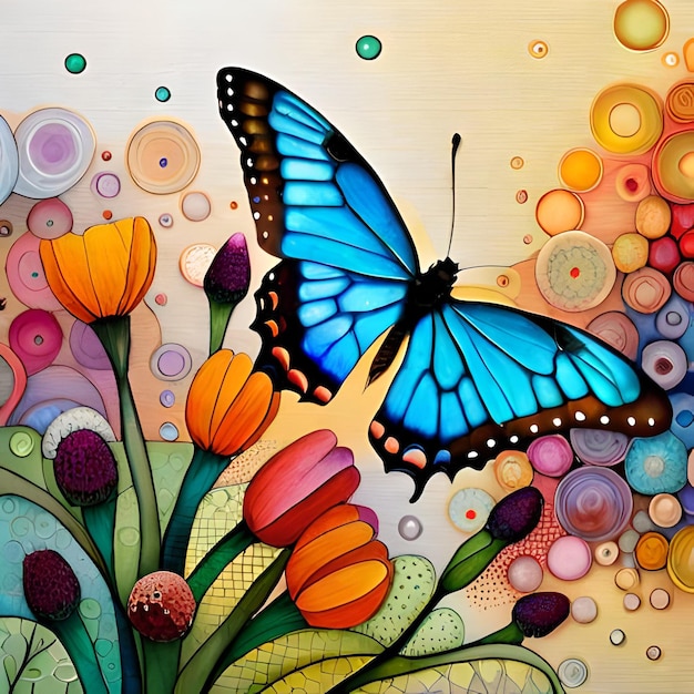 Una pintura de una mariposa azul con una flor al fondo.