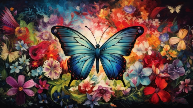 Una pintura de una mariposa azul rodeada de flores