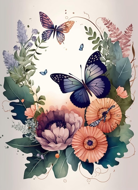 Una pintura de una mariposa y flores con una mariposa.