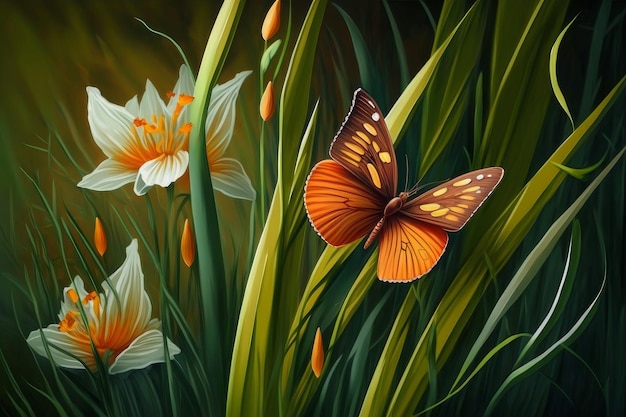 Una pintura de una mariposa y flores con la palabra mariposa.