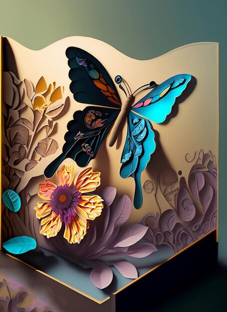 Una pintura de una mariposa y flores