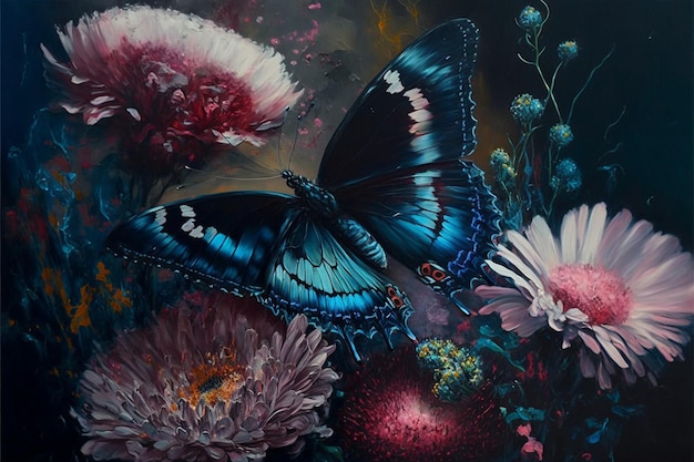 Una pintura de una mariposa y flores.