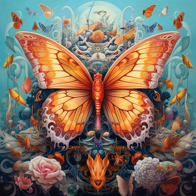 Una pintura de una mariposa con un fondo azul y una flor rosa.