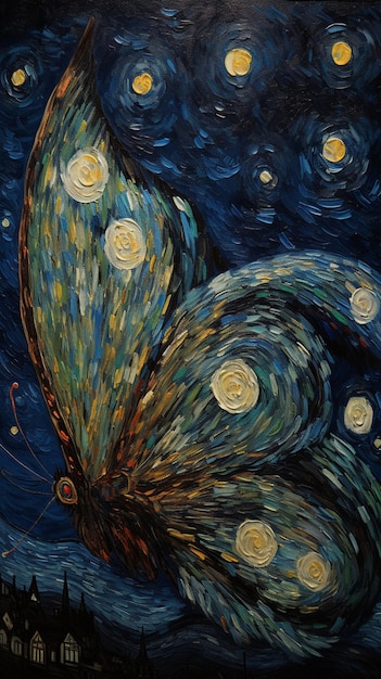 Una pintura de una mariposa con la luna al fondo.