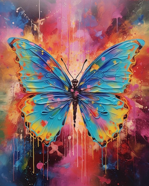 Una pintura de una mariposa con una mariposa azul.