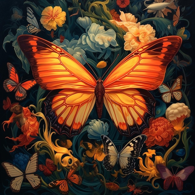 Una pintura de una mariposa con una mariposa en ella.