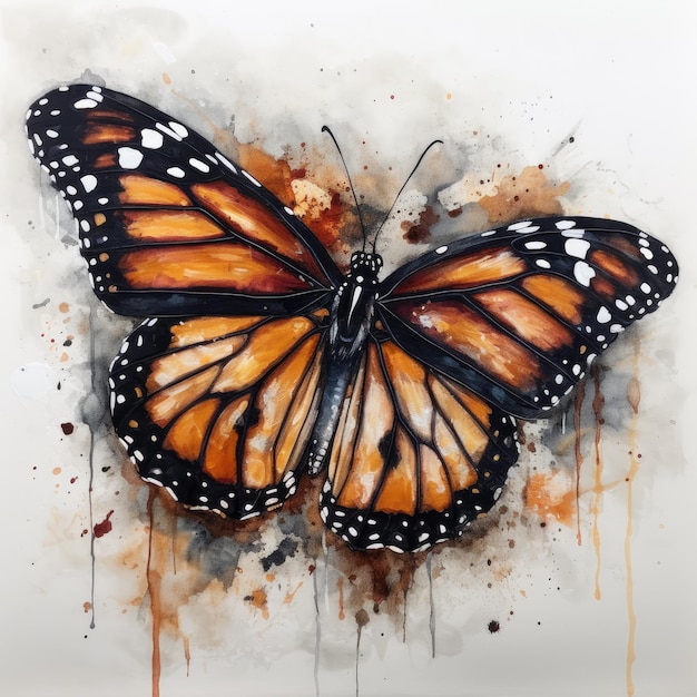 Una pintura de una mariposa monarca con manchas marrones y pintura negra y naranja.