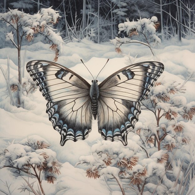 pintura de una mariposa en la nieve con árboles en el fondo generativo ai