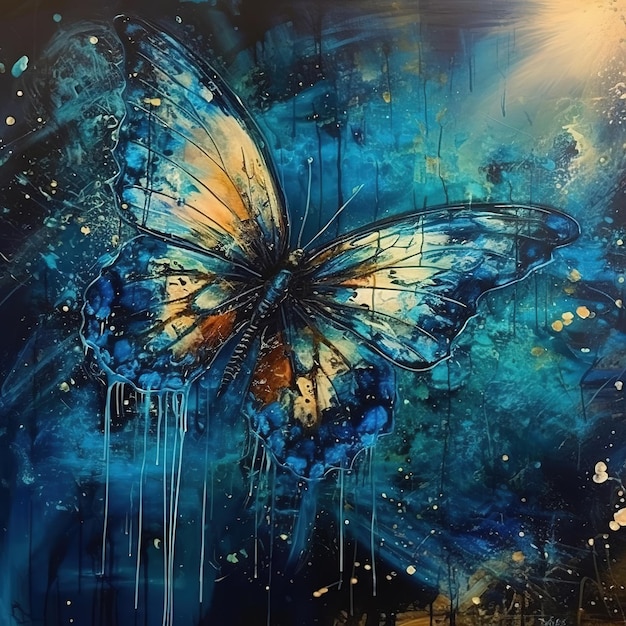 Una pintura de una mariposa con pintura azul y pintura dorada.