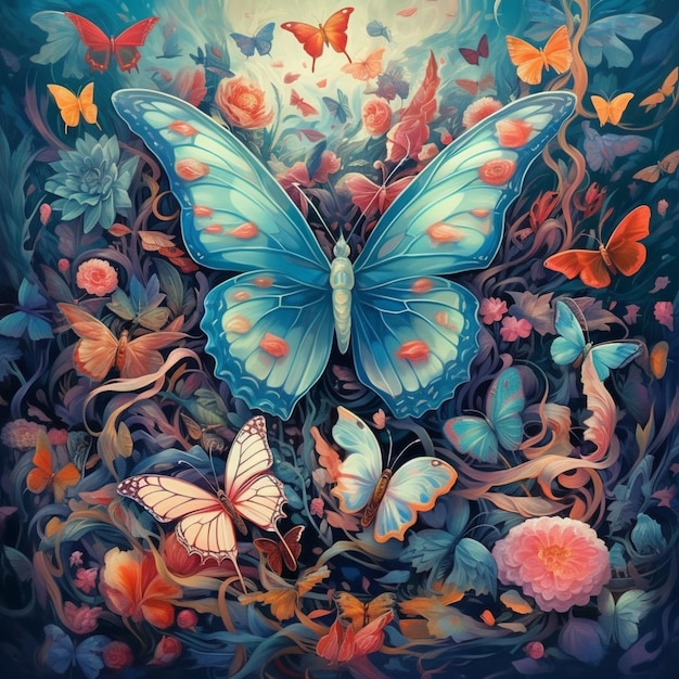 Una pintura de una mariposa rodeada de flores y mariposas.