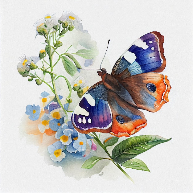 Una pintura de una mariposa en un tallo con flores azules.