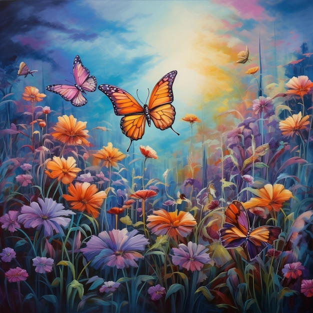 pintura de una mariposa volando sobre un campo de flores generativo ai