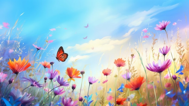 Una pintura de una mariposa volando sobre un campo de flores.