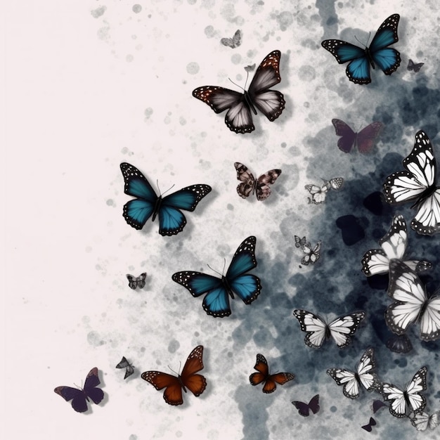 Una pintura de mariposas con azul y blanco en la parte inferior.