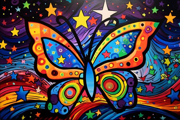 Foto pintura de mariposas de colores brillantes sobre un fondo negro con estrellas generativas ai