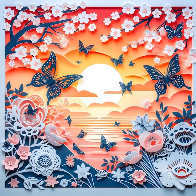 una pintura de mariposas y flores con una puesta de sol en el fondo