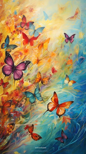 una pintura de mariposas con el fondo de un fondo colorido